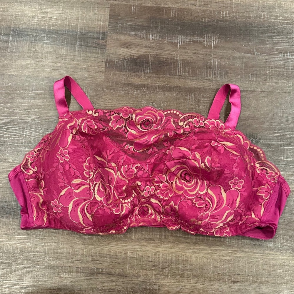 Comfort Choice Fuchsia Pink Gold Floral Lace Full Coverage Cami Bra 48D‎